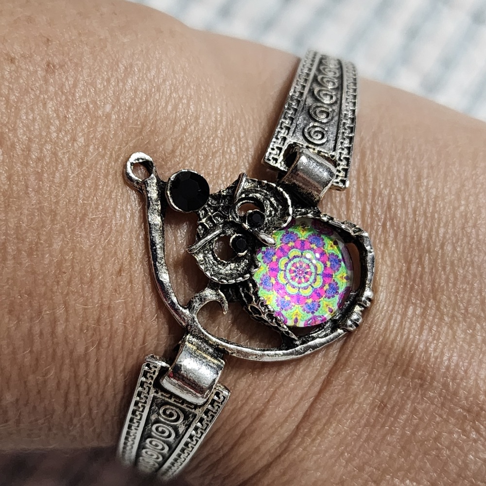 Silver‎ Tone Owl Mandala Kaleidoscope Bracelet Black Rhinestone Boho Adjustable